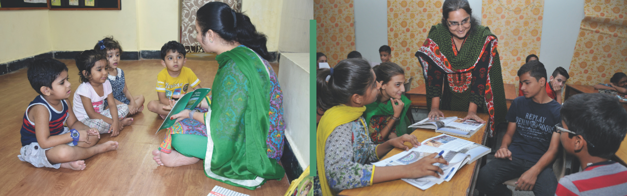 Left: Young children participate in a primary Bait-ul Ilm class in India. Right: A secondary teacher in Pakistan teaching the IIS’ secondary curriculum.