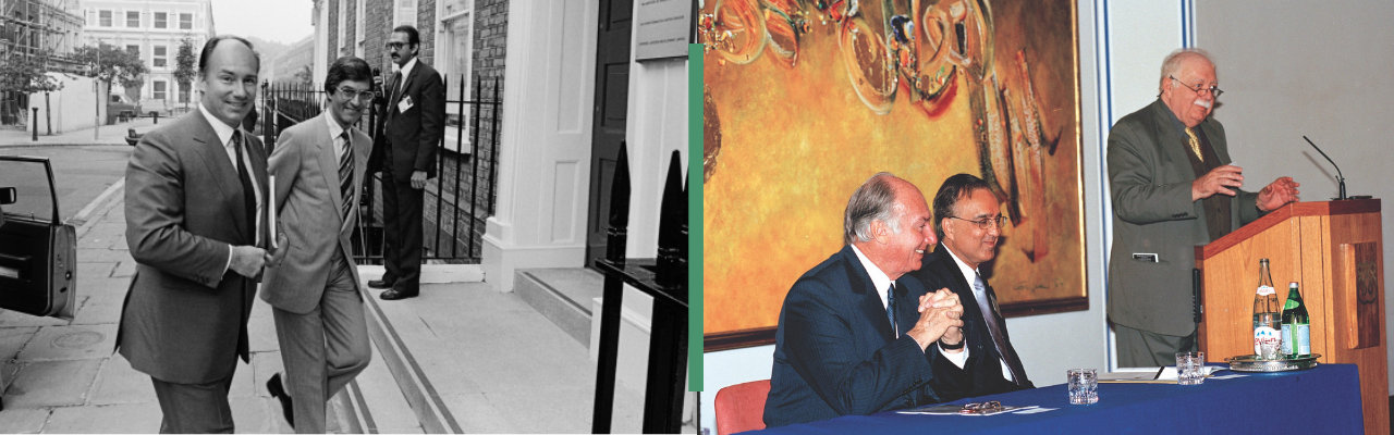 Left: Mawlana Hazar Imam arrives at The Institute of Ismaili Studies in July 1983. Right: Mawlana Hazar Imam and Professor Azim Nanji participate in a session at the Word of God, Art of Man conference in 2003, as the late Professor Oleg Grabar addresses the audience.