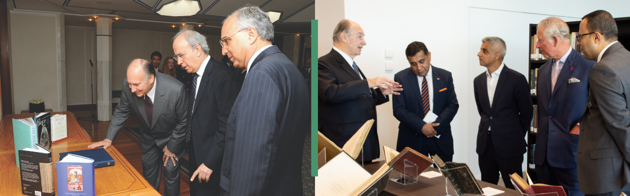 Left: Professor Azim Nanji and Dr Farhad Daftary present to Mawlana Hazar Imam a selection of IIS books published to coincide with the Golden Jubilee in 2008. Right: Hazar Imam in conversation with Lord Ahmad, Mayor Sadiq Khan, HRH The Prince of Wales, and Head Librarian of the Aga Khan Library, Dr Walid Ghali at the inauguration of the Aga Khan Centre during the Diamond Jubilee in 2018.