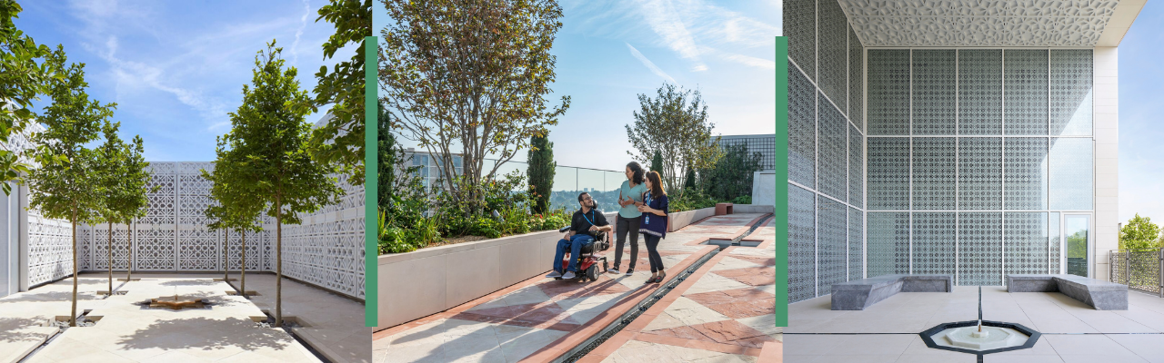 Left: The Garden of Light by Nelson Byrd Woltz. Centre: The Garden of Life by Madison Cox. Right: The Garden of Tranquility by Maki & Associates.