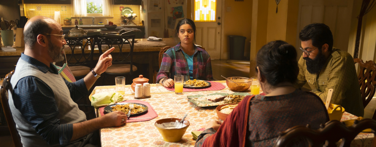 (L-R): Mohan Kapur as Yusuf, Iman Vellani as Ms. Marvel/Kamala Khan, Zenobia Shroff as Muneeba, Saagar Shaikh as Aamir in Marvel Studios' MS. MARVEL, exclusively on Disney+.