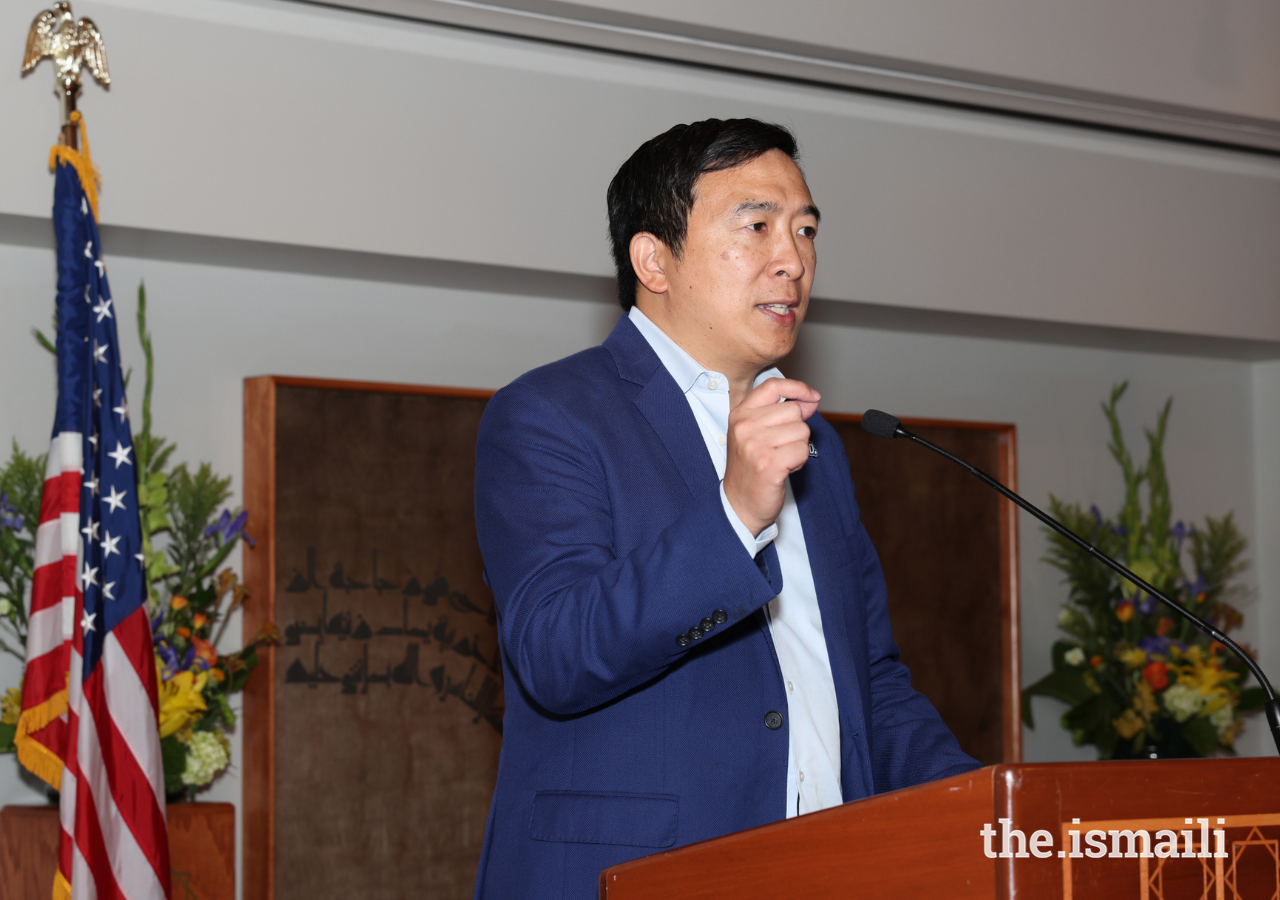 Andrew Yang speaking at the Ismaili Jamatkhana and Center in Sugar Land, TX