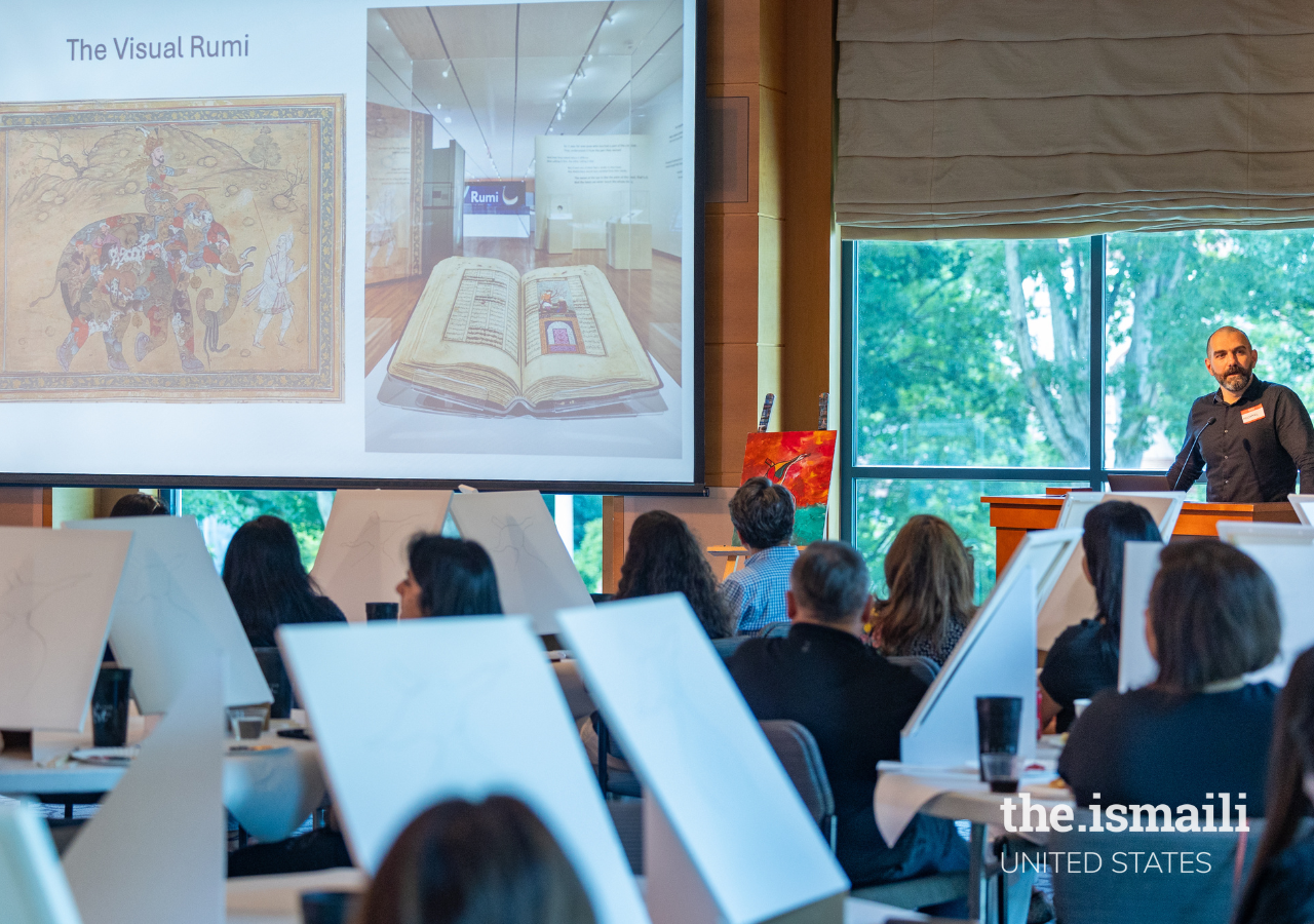 Dr. Chagnon presented details and information about the Rumi exhibition to participants of the session held at Carlos Museum. Photo: Eijaz Karamali.