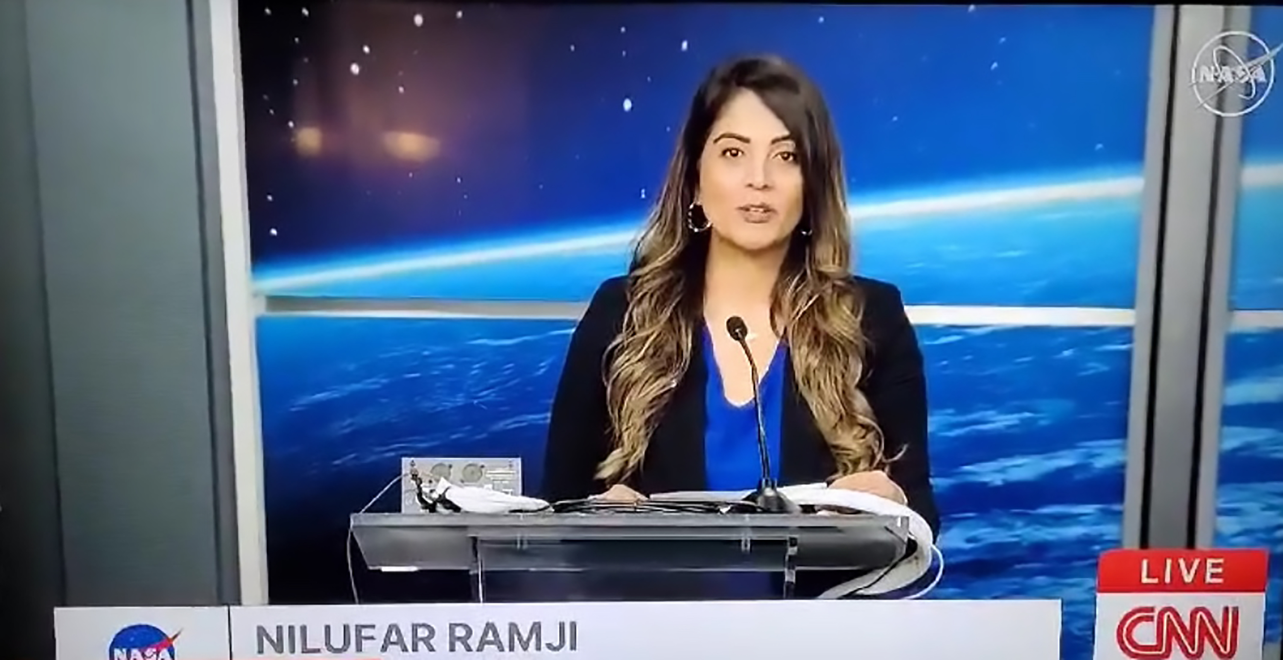 Nilufar Ramji moderating a NASA press conference carried on CNN, following the landing of the first commercial American mission on the Moon.