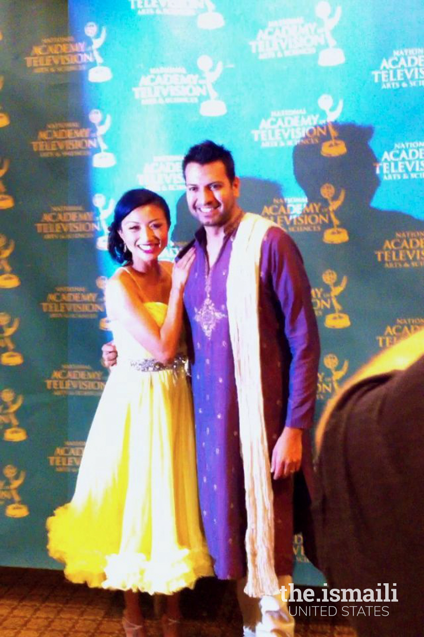 Riaz Patel with presenter Jeannie Mai at the Emmy Awards