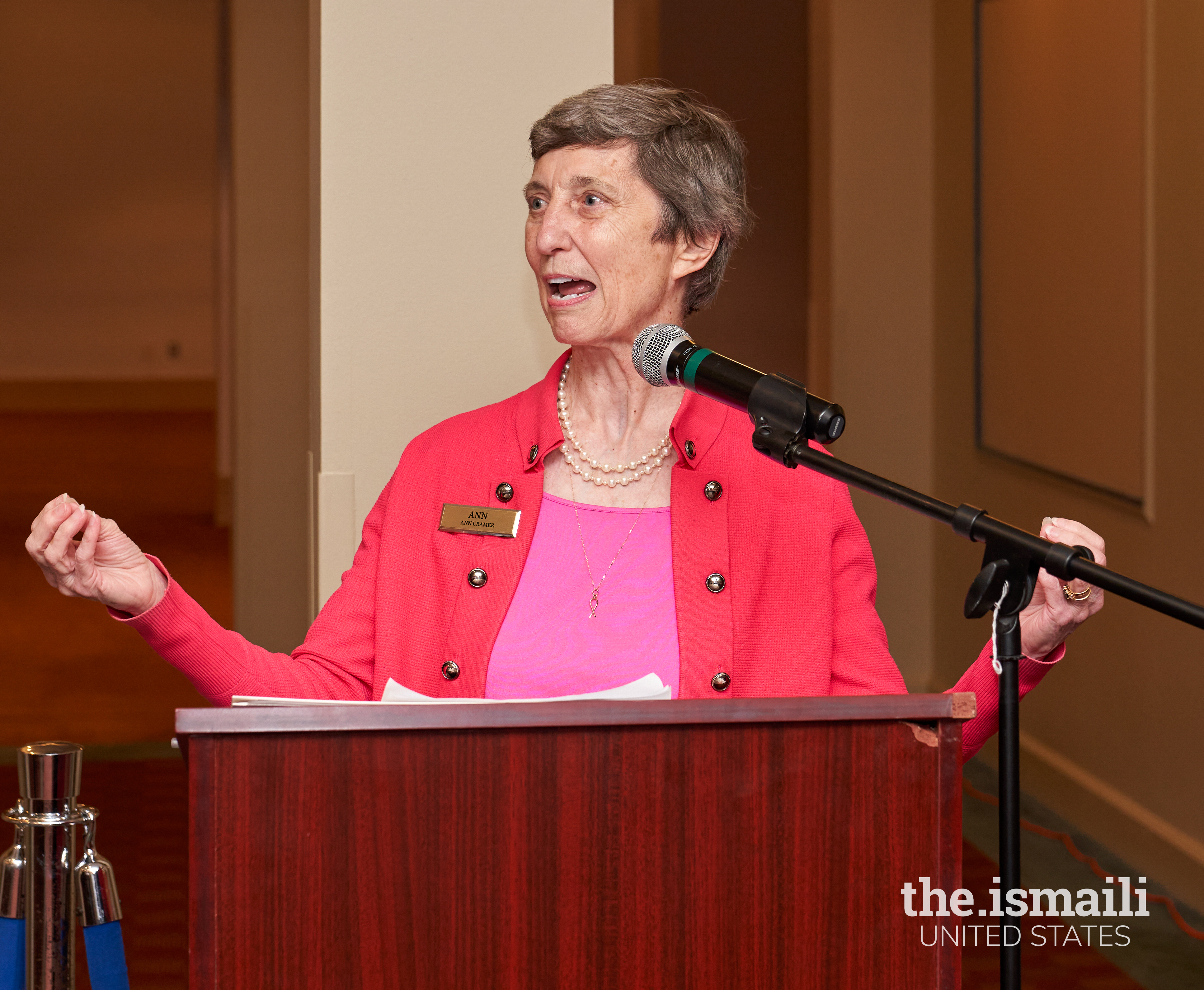 Ann Cramer delivers an empowering speech in Atlanta Headquarters Jamatkhana.