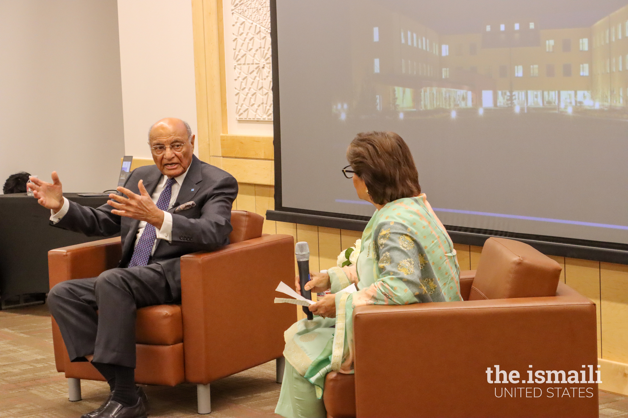 Dr. Shamsh Kassim-Lakha with moderator Shaida Adatia at Spring Jamatkhana, Houston.