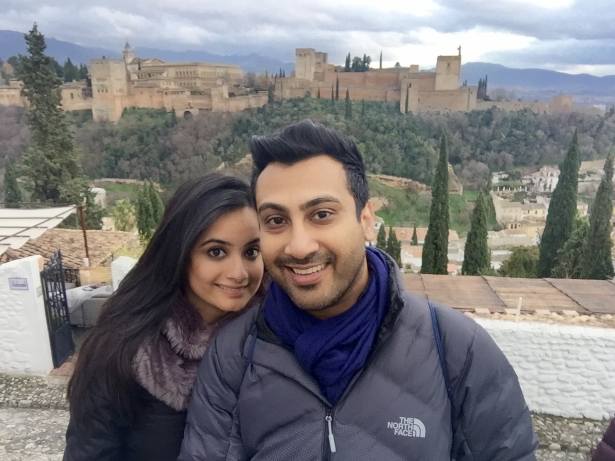 Sharmeen and husband Aly, with the Alhambra in the background.