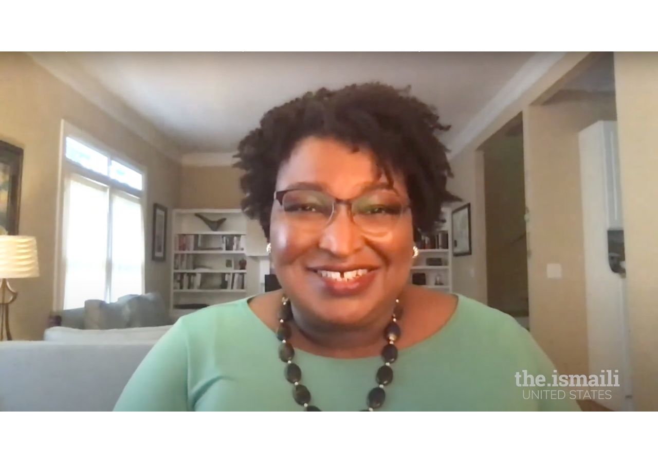 Screenshot of Ms. Stacey Abrams at the Ismaili Jamatkhana and Center virtual program.