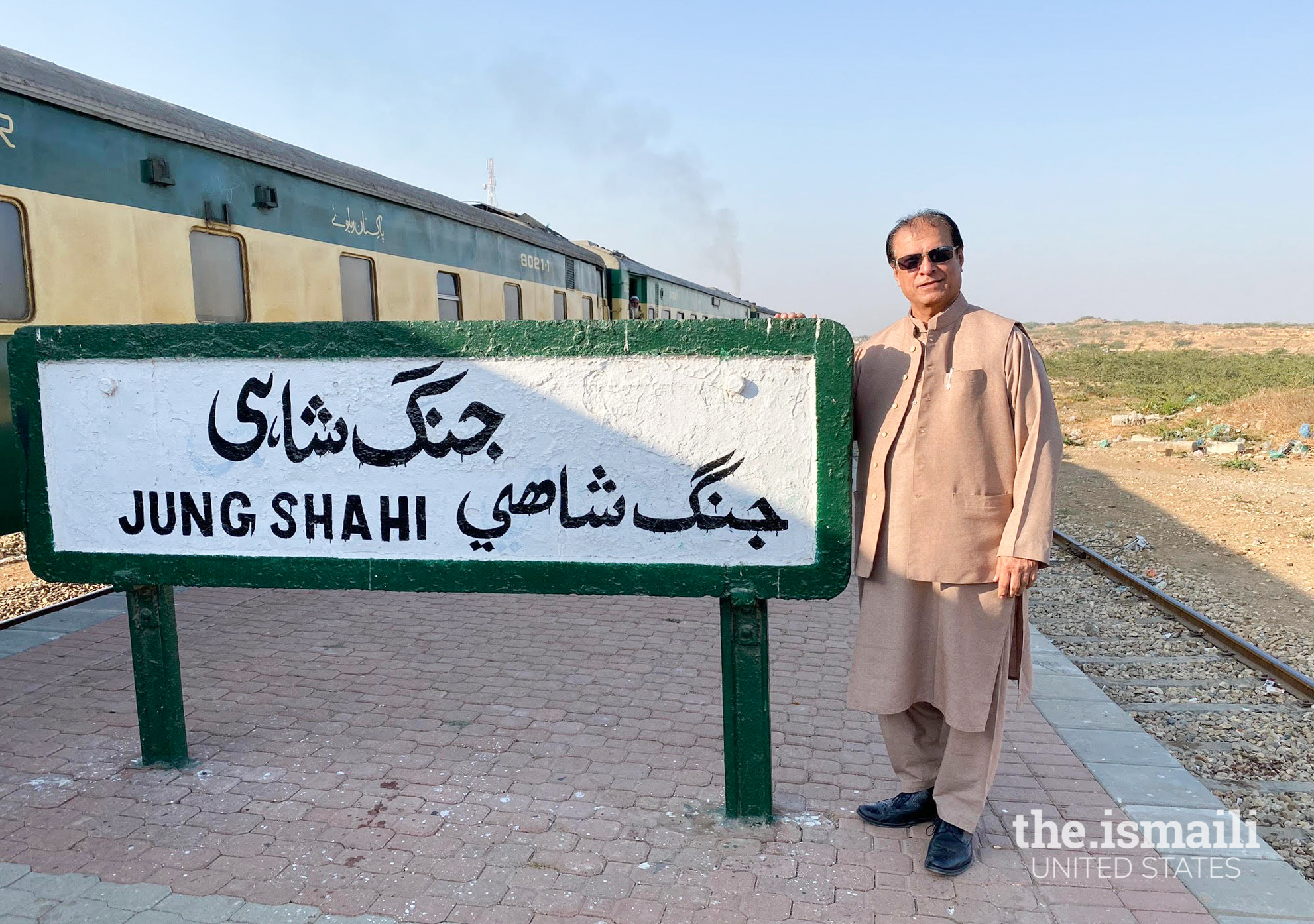 Dr. Alambardar Ali Khuwaja at the Jungshahi Railway Station.