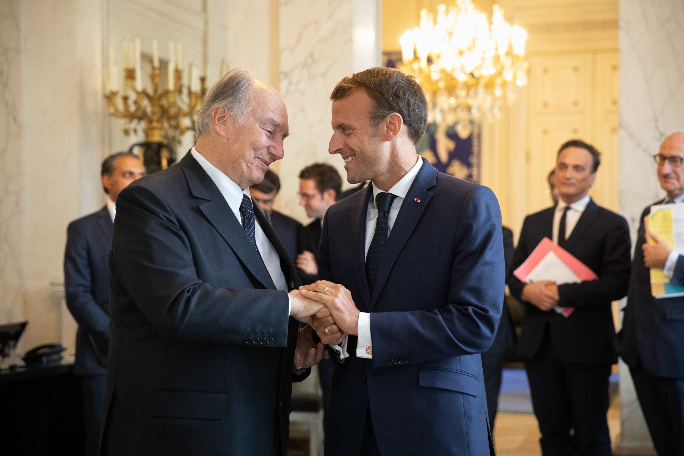 President Emmanuel Macron and Mawlana Hazar Imam after their meeting at the Élysée Palace.