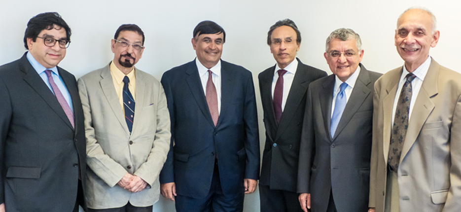 The IIS Board of Governors (1995-2020). From left to right: Mr Naguib Kheraj, Dr Mohamed Keshavjee, Dr Shafik Sachedina, Dr Aziz Esmail, Mr Zauhar Meghji, Professor Afzal Ahmed.