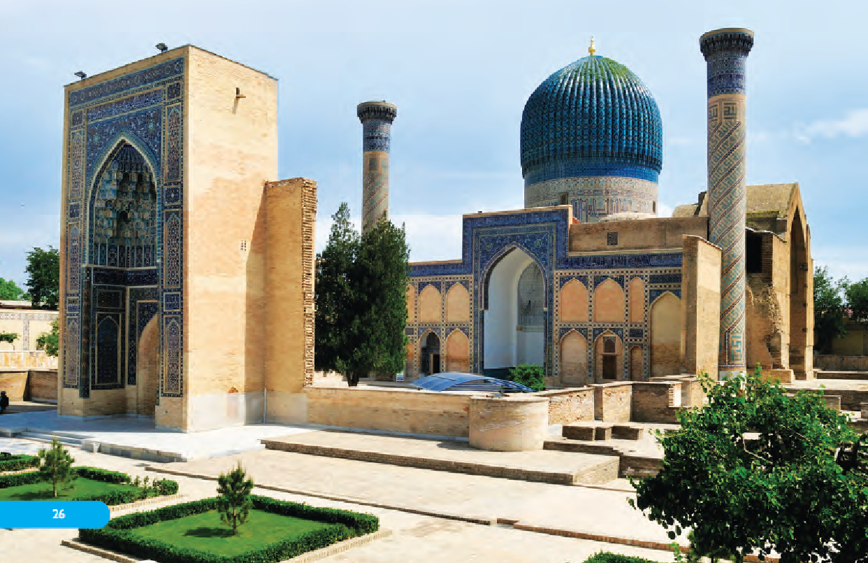 This mausoleum was built on the orders of Timur as a -lamb for his favourite grandson. who was killed in bottle. The.. complex includes a modraso and a kbanaga Timur, himself, was buried here in 1405, and the tomb was later enlarged and used as burial vault for other members or the Tim,. family. Although craftsmen from all over Timuds empire contnbutecl to its architecturethe style is largely Persian 