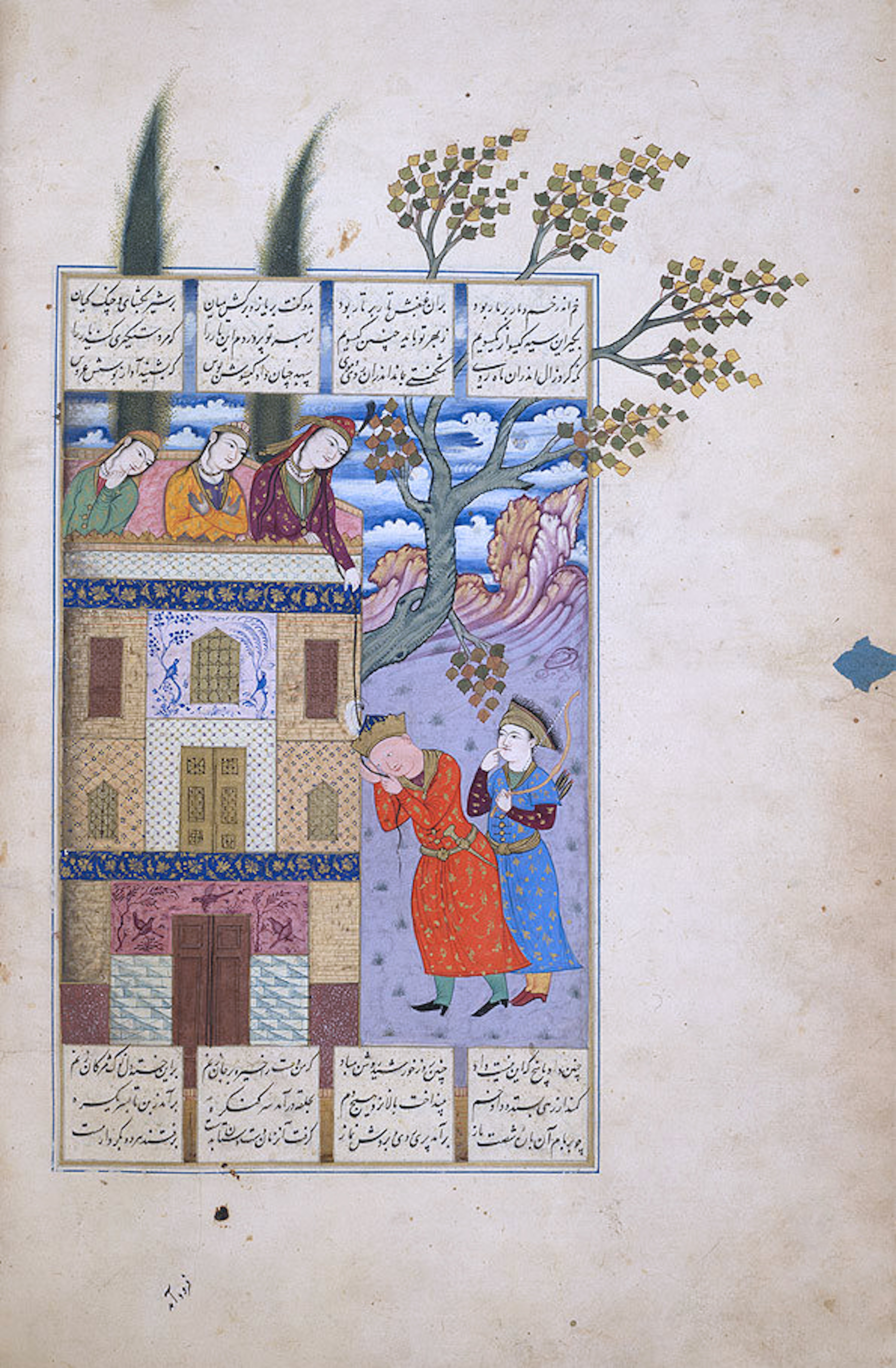 Rudabeh, letting her hair down for her lover Zal, a prince from Kabul, from Ferdowsi’s epic tale, the Shahnameh. This story is considered to be the basis for the Grimm Brothers fairy tale about Rapunzel.