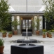 A view from the Reading Room showing the three fountains on the axis of the Roof Garden.