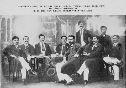 Founding members of the Vidhya Vinod Club in Bombay in 1917, a precursor to the Ismaili Volunteers. Major Lakhpati is pictured standing.