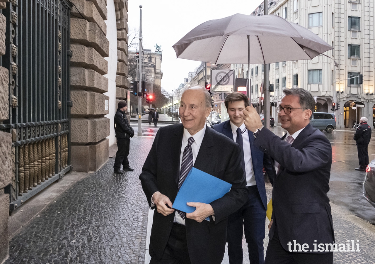 Mawlana Hazar Imam and Prince Aly Muhammad arrive at the conference entitled “Stabilisation in Fragile Contexts: Challenges, Lessons and Opportunities” in Berlin.