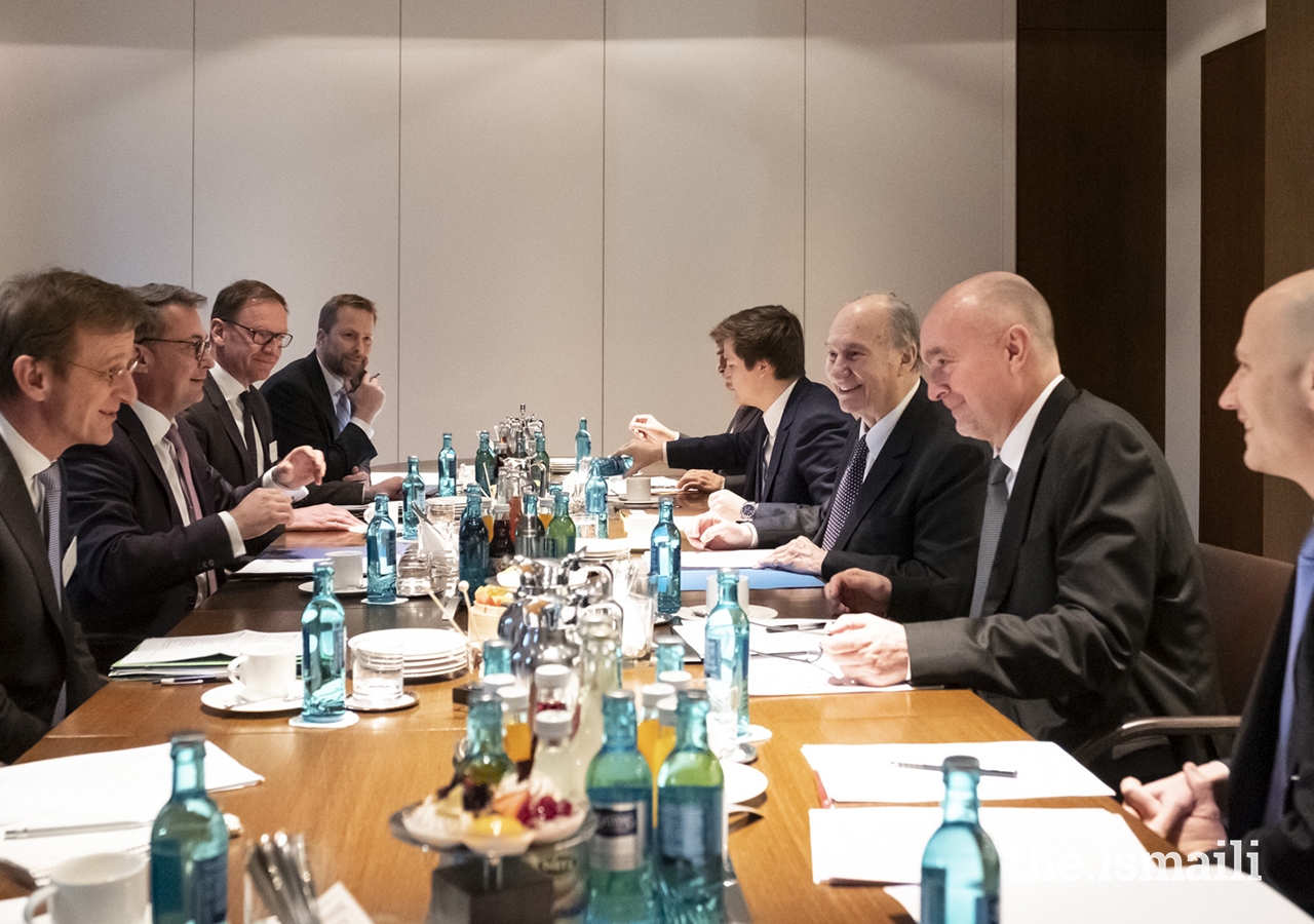 Mawlana Hazar Imam in conversation with Professor Dr Joachim Nagel at a meeting between leaders of KfW and AKDN to discuss ongoing partnerships. 