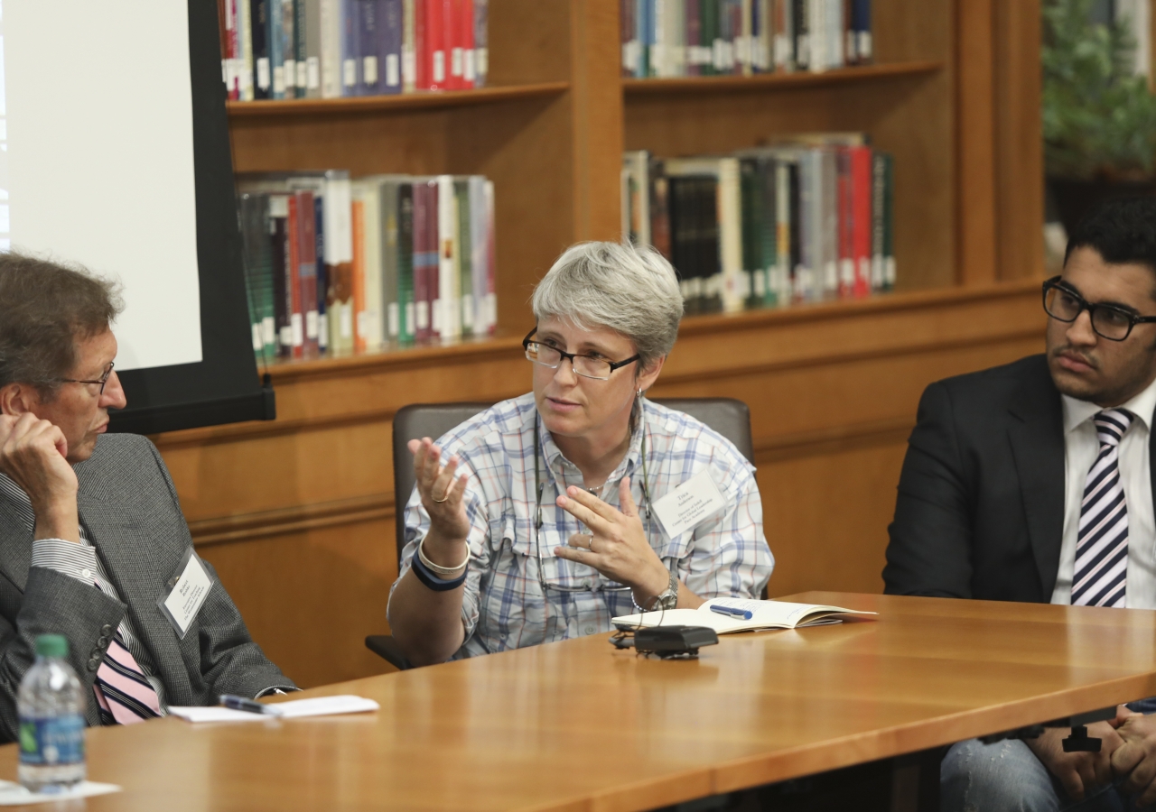 Tricia C. Anderson, Director, Isdell Center for Global Leadership, Pace Academy, shares her experiences during the panel. Also seen are Robert Ryshke, Executive Director of Center for Teaching at The Westminster Schools and Adnan Jivanji, an AKA graduate.