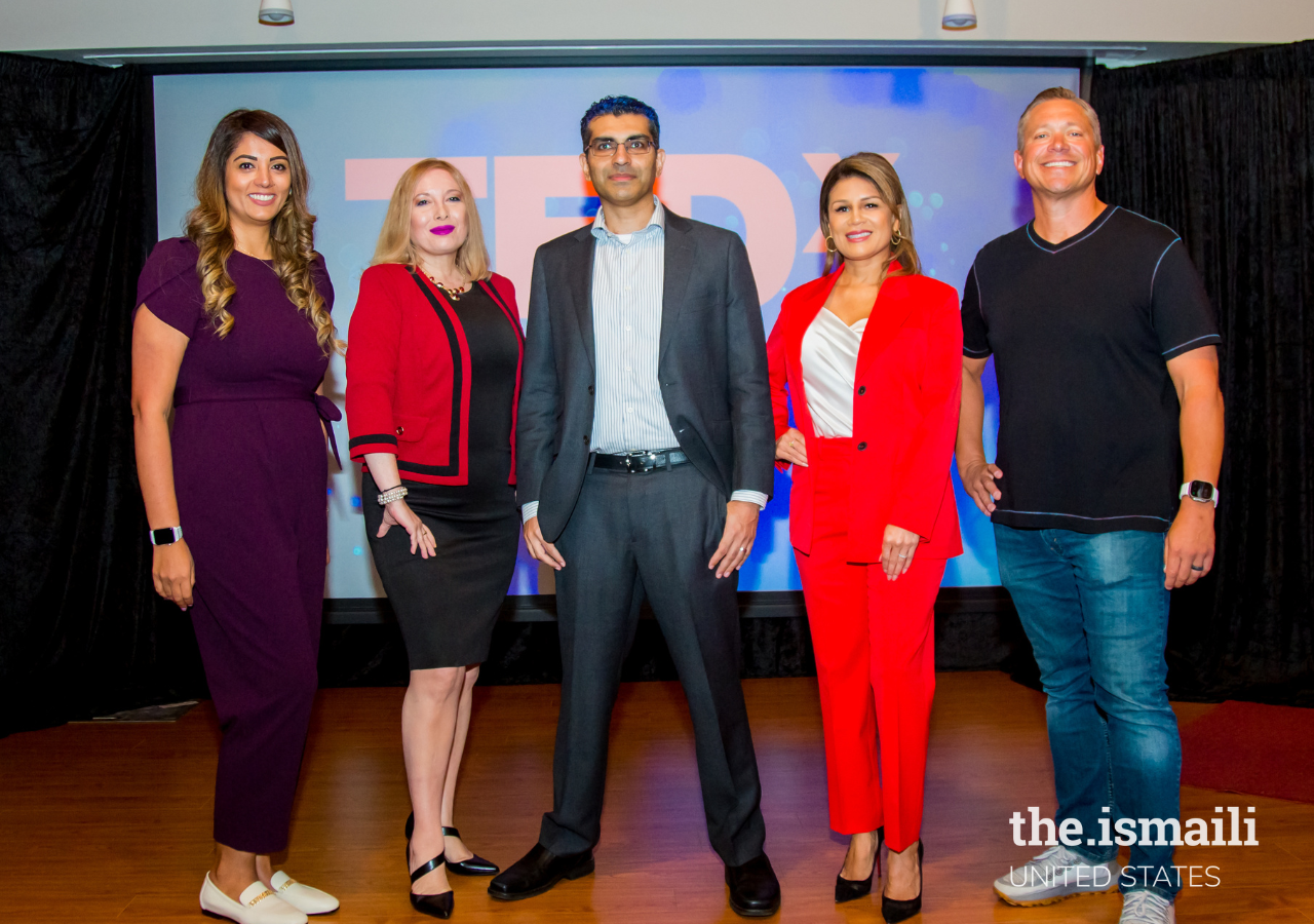 TEDxSugarland 2023 Speakers. L-R: Nilufar Ramji, Maria Burns, Jatin Tekchandani, Anna Reger, Math Jung.