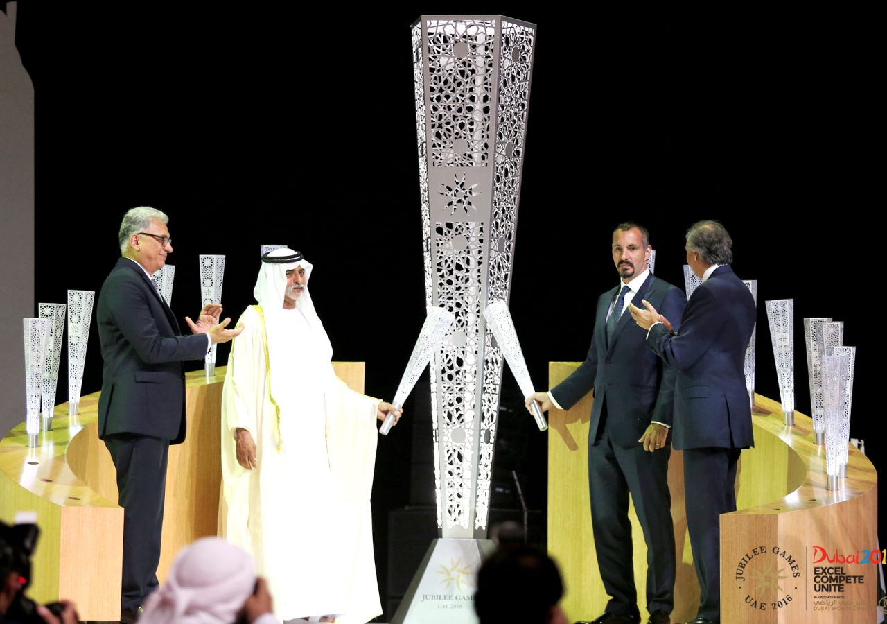 Prince Rahim and His Excellency Sheikh Nahyan bin Mubarak Al Nahyan light the central Fanous of the Opening Ceremony to officially mark the beginning of the 2016 Jubilee Games. JG/Pervaiz Akhter