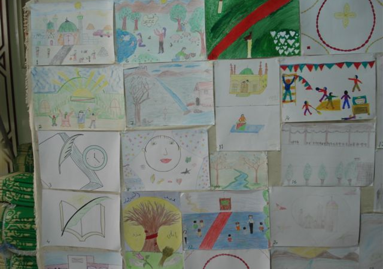 Artwork by Syrian Ismaili children aged 8 – 12, presented at <em>Golden Vision with Golden Hands</em>, an exhibition of illustrations.  