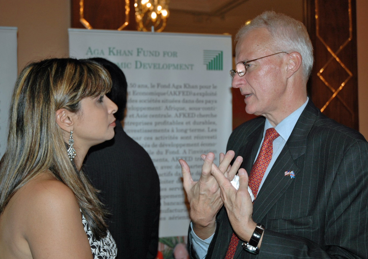 Deputy Chief of Mission of the United States, Sam Brock, in discussion with External Activities Task Force member, Nimet Janmohamed.    