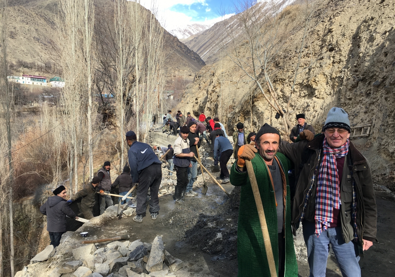 Shiraz Billing (on right) with a “Hashar” (community mobilisation) team of villagers repairing a road that had collapsed due to a landslide. This road accesses the Shams al Tabrizi shrine and mosque.