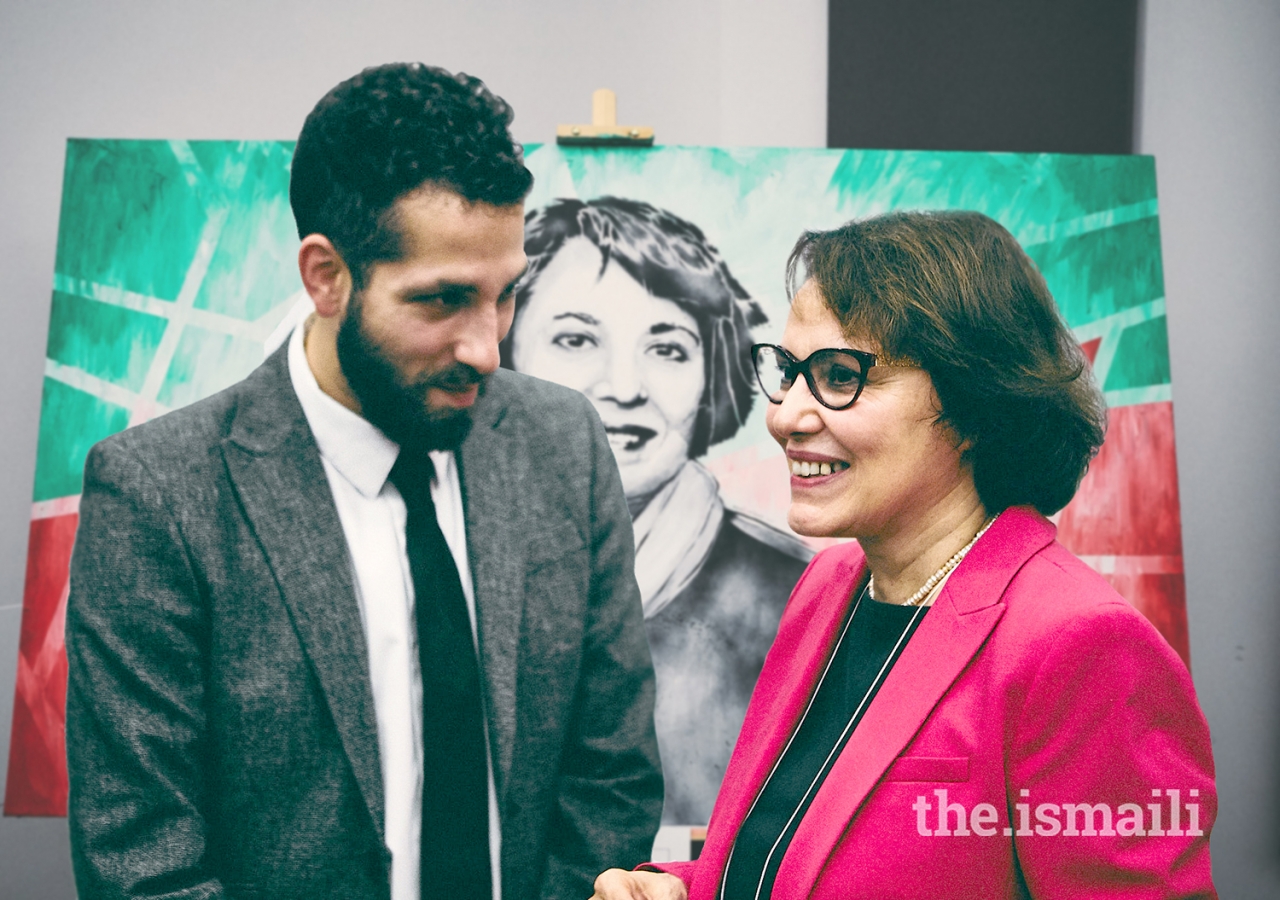 With social change and public interaction at the core of his art, Aquil Virani asked the public what adjectives describe inspiring women and picked 26 from A to Z to feature in 26 prints. This is a portrait of Canadian-Iranian Homa Hoodfar.