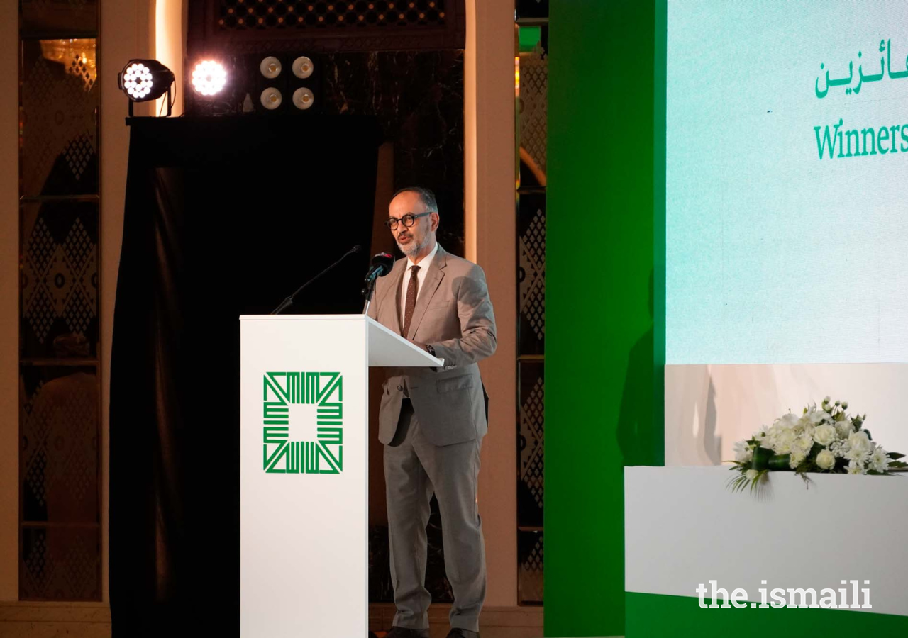 Farrokh Derakhshani, director of the Aga Khan Award for Architecture, welcomes attendees to the Winners' Seminar in Muscat, Oman, on 30 October 2022.