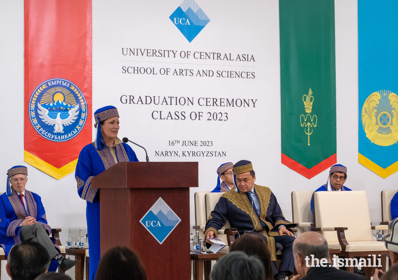 Princess Zahra addresses the audience at UCA’s convocation ceremony in Naryn, watched by graduands in Khorog and well-wishers around the world.