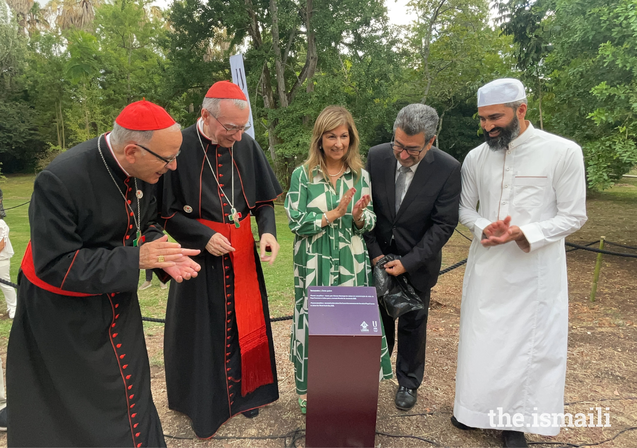 Yasmin Bhudarally, President of the Ismaili Council for Portugal, joins leaders of other faith communities to reveal a plaque at the Tropical Botanical Garden in Lisbon.