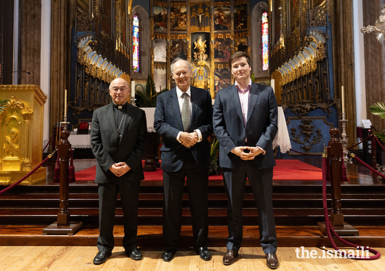 Prince Amyn and Prince Aly Muhammad with the Bishop of Funchal, Nuno Brás, at Funchal Cathedral.