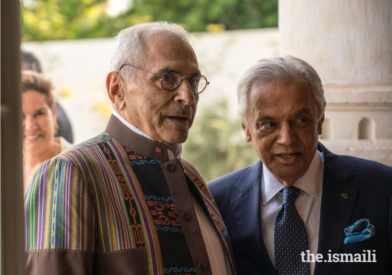 Nazim Ahmad, Diplomatic Representative of the Ismaili Imamat to Portugal, welcomes President José Ramos-Horta of Timor-Leste to the reception.