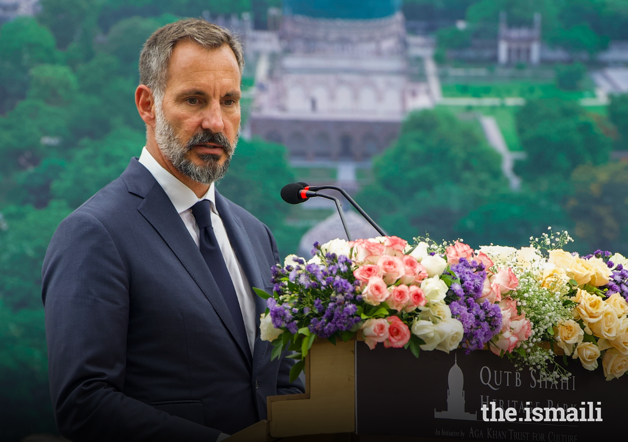 Prince Rahim addresses guests at a ceremony to mark the completion of the restoration work at Qutb Shahi Heritage Park in Hyderabad.