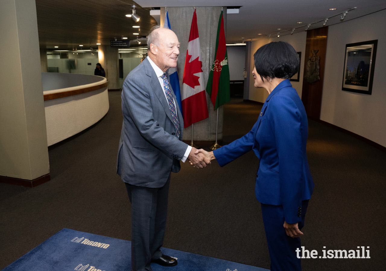 Mayor of Toronto Olivia Chow welcomes Prince Amyn to Toronto's City Hall.