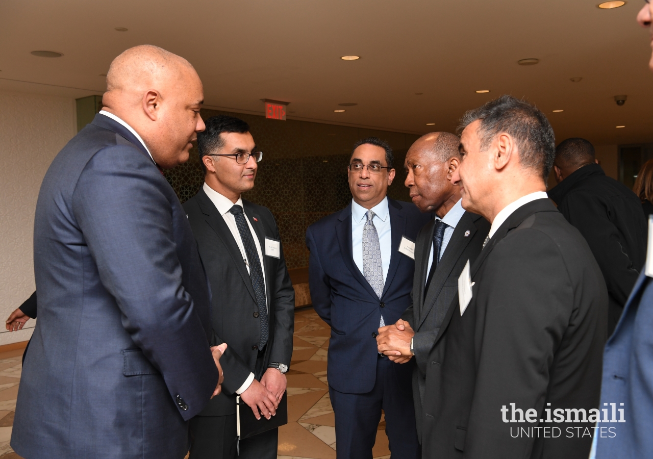 Mayor Sylvester Turner, accompanied by the President of the Ismaili Council for USA, Al-Karim Alidina, and the President of the Ismaili Council for Canada, Ameerally Kassim-Lakha greeting Member of Parliament Michael Coteau and Member of Provincial Parliament Dr. Adil Shamji.