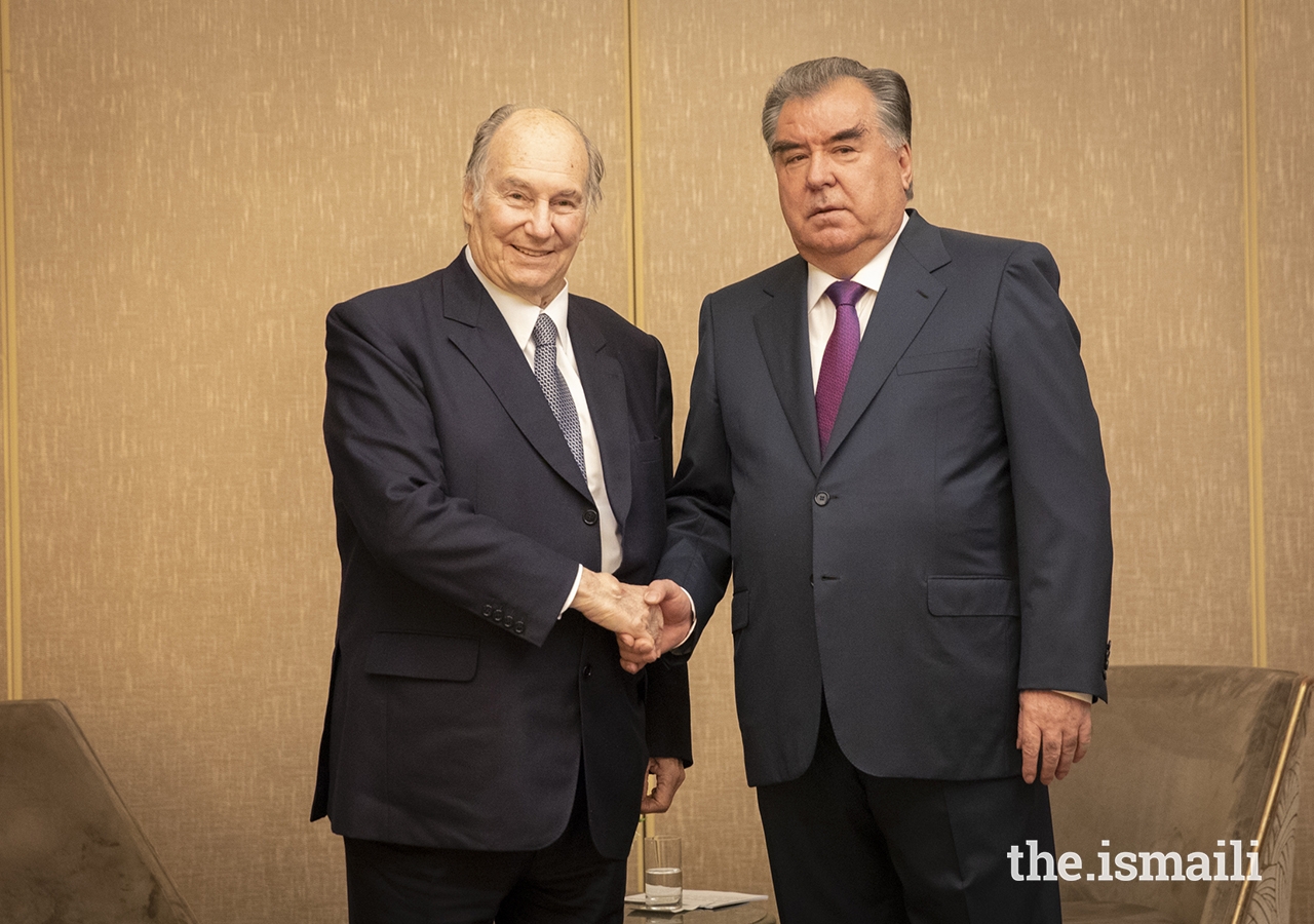 Mawlana Hazar Imam with President Rahmon of Tajikistan ahead of the Paris Peace Forum.