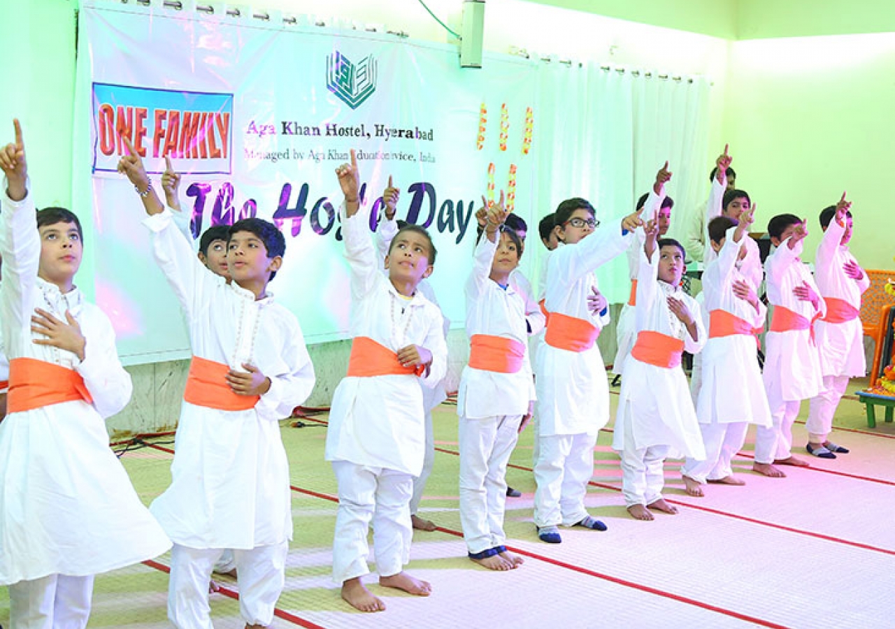 Students performing at a celebration attended by parents and other guests at the Aga Khan Hostel, Hyderabad (photo taken before Covid-19). 