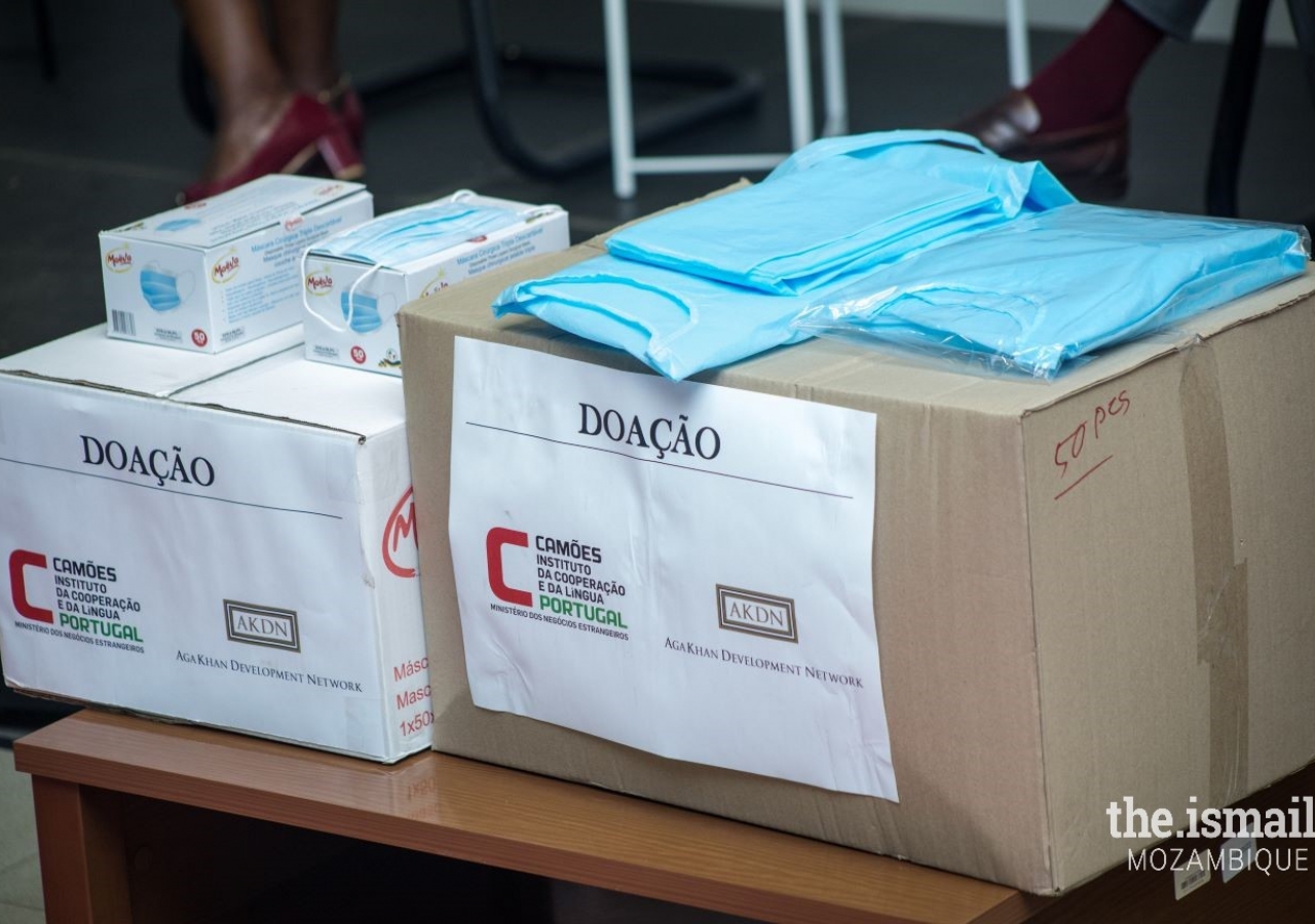 Sample of the donated surgical masks and medical gowns exhibited at the donation ceremony.