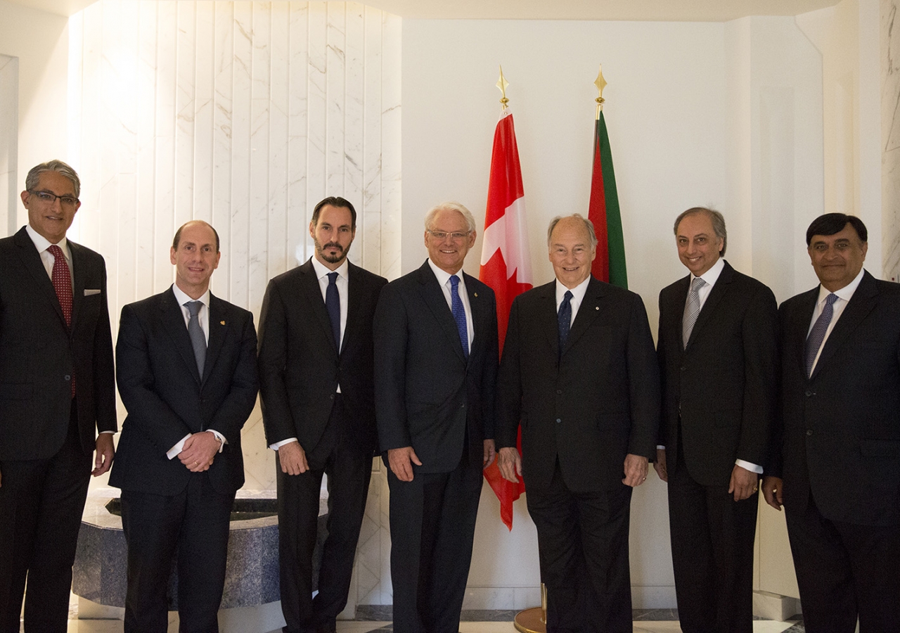 Mawlana Hazar Imam receives His Excellency Gordon Campbell at Aiglemont. Left to right: Malik Talib; Rouben Khatchadourian, Prince Rahim, HE Gordon Campbell, Mawlana Hazar Imam, Dr Mahmoud Eboo, and Dr Shafik Sachedina. AKDN / Cécile Genest