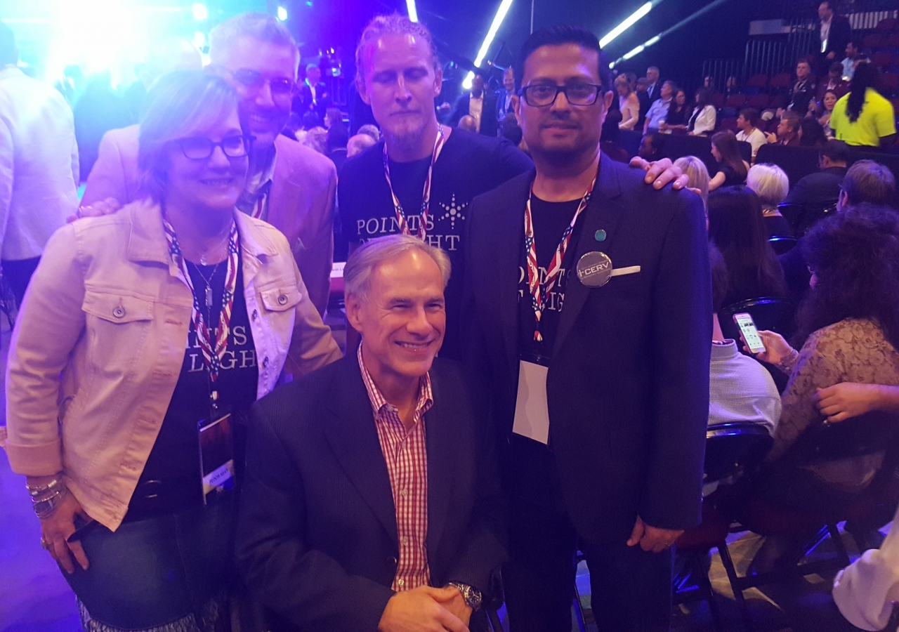 [From left] Kat Creech (honouree from Houston), Cameron Waldner (CEO, Volunteer Houston), Zachary Dearing (honouree from Rockport, TX), and Southwest Council President Murad Ajani along with Texas Governor Honourable Greg Abbott