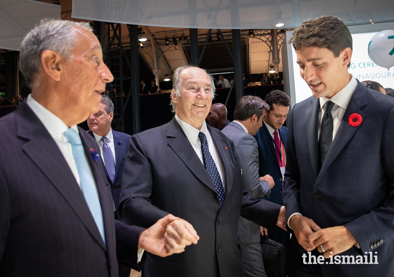 Mawlana Hazar Imam was among over 60 world leaders for the opening session of the inaugural Paris Peace Forum. Here he greets President de Sousa of Portugal and Prime Minister Justin Trudeau of Canada.