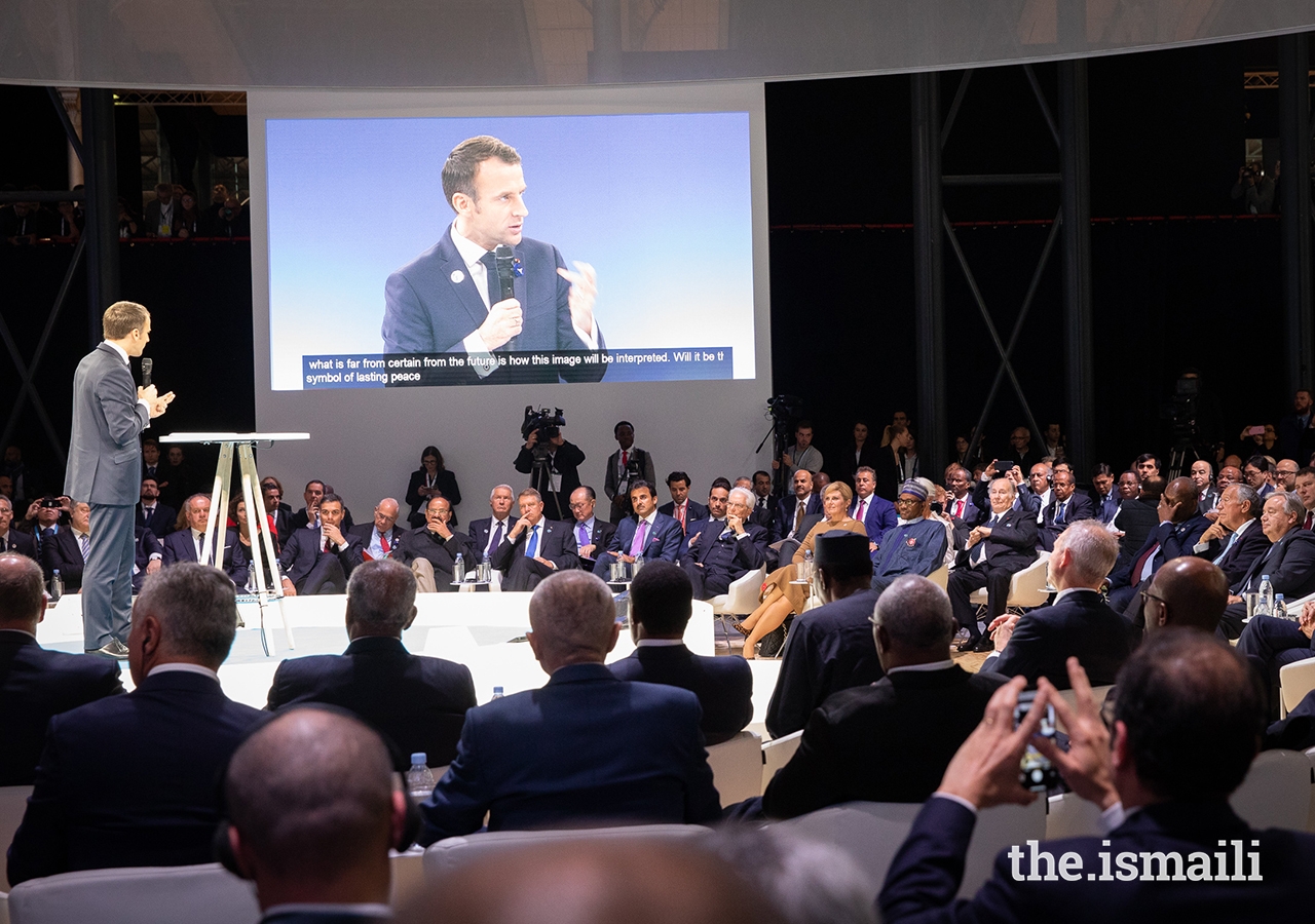 France’s President Emmanuel Macron delivers his introductory remarks at the inaugural Paris Peace Forum as Mawlana Hazar Imam and over 60 world leaders are gathered for the opening session.