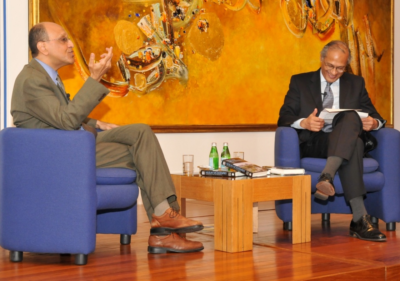 Dr Amyn Sajoo and Raficq Abdulla on stage during the book launch at the Ismaili Centre, London. 