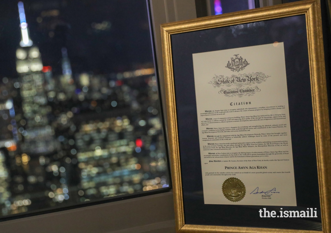 The State of New York Executive Chamber Citation recognises Prince Amyn’s “profound and positive impact on the world by undertaking monumental activities in the areas of music, heritage, arts and culture” through numerous esteemed institutions.