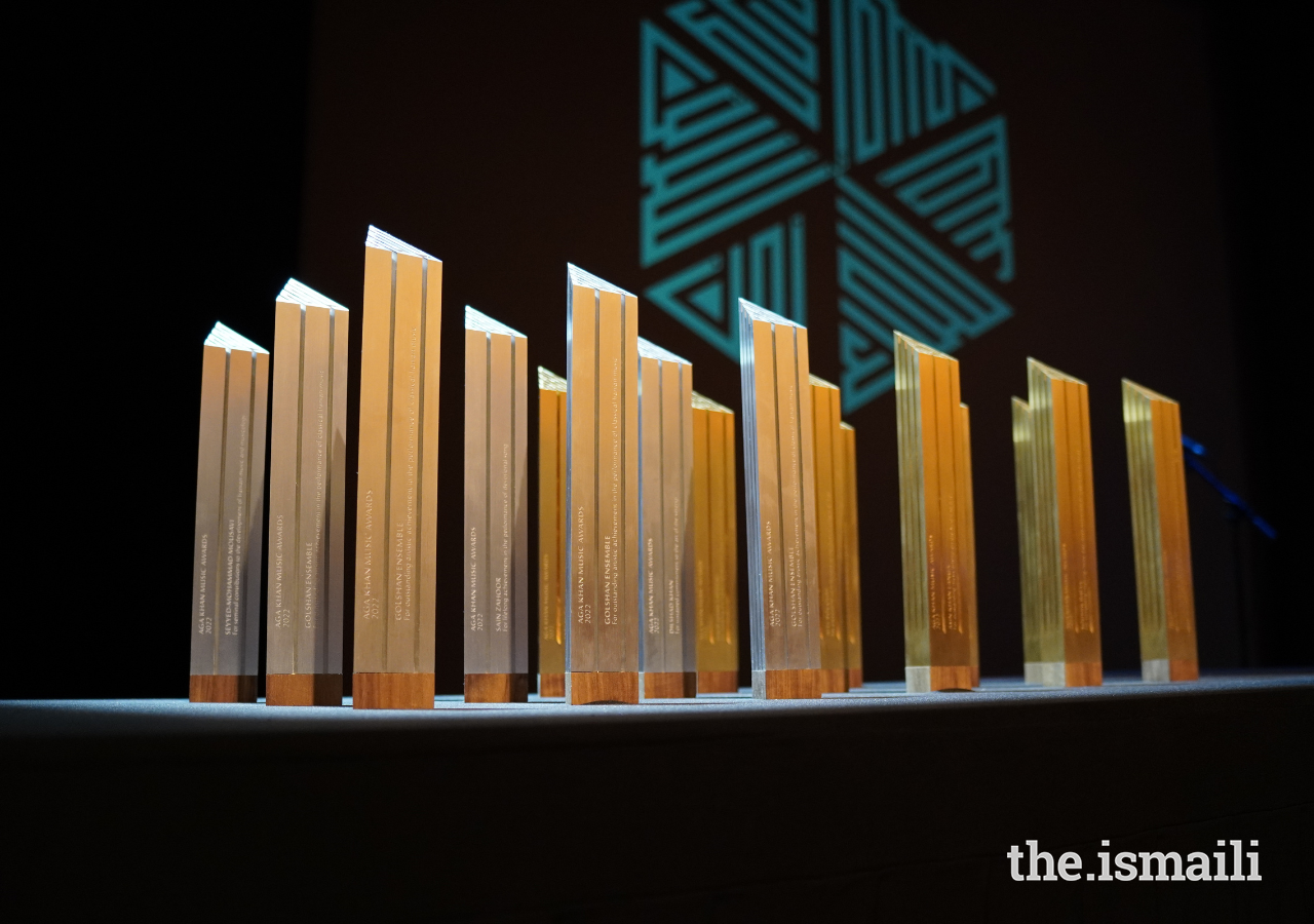 Aga Khan Music Award trophies lined up in preparation for the Prize-Giving ceremony to begin.