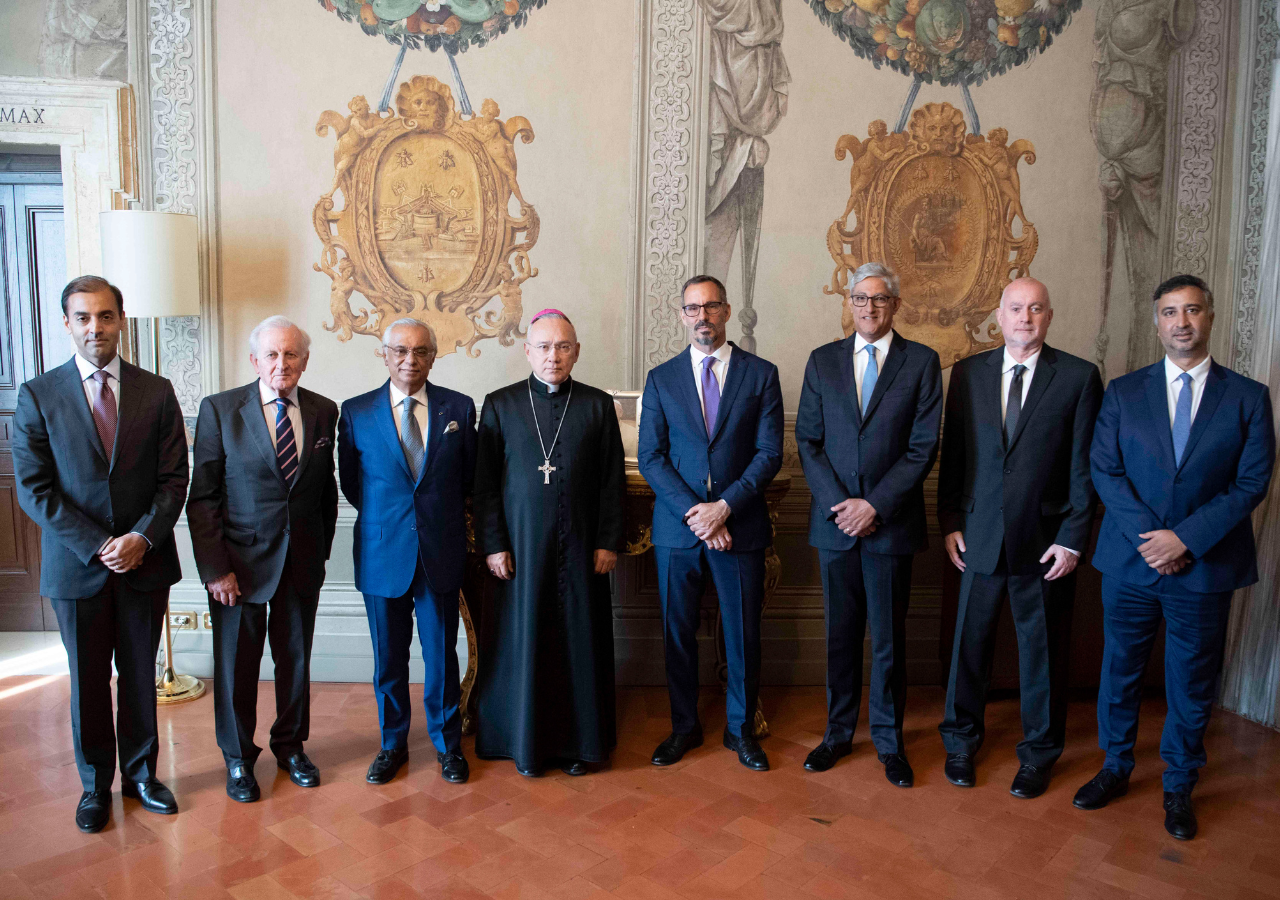 His Excellency Reverend Dom Edgar Peña Parra, the Substitute of the Secretariat of State at the Vatican, and Prince Rahim with members of his delegation (L to R): Fayyaz Nurmohamed, Director of Communications; Luis Monreal, General Manager, AKTC; Nazim Ahmad, Diplomatic Representative of the Ismaili Imamat to Portugal; Malik Talib, Chairman, Ismaili Leaders’ International Forum; Michael Kocher, General Manager, AKF; and Rahim Kassam, Executive Director, Imamat Delegation in Portugal.