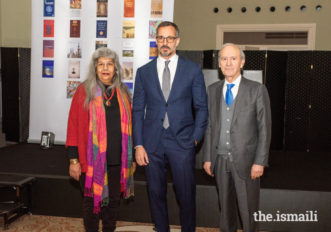 Prince Rahim with Dr Farhad Daftary and Professor Zayn Kassam in London on 18 January 2023.