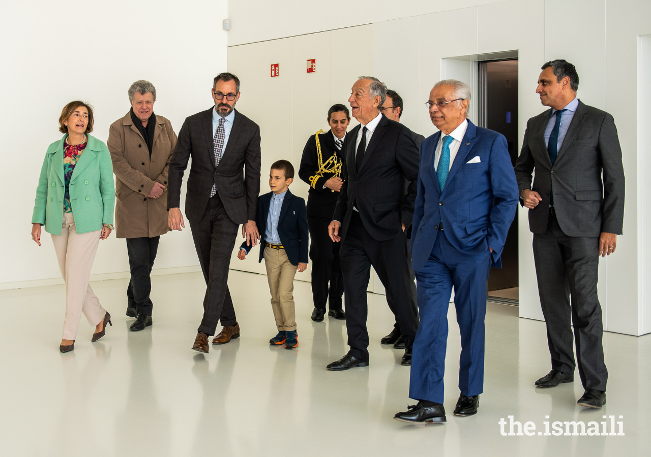 Prince Rahim and Prince Sinan with President Marcelo Rebelo de Sousa, accompanied by Nazim Ahmad, Diplomatic Representative of the Ismaili Imamat to Portugal; and Rahim Firozali, President of the Ismaili Council for Portugal.